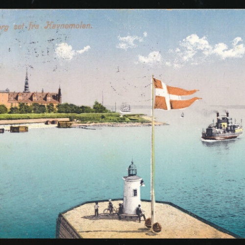 AK aus Kronborg mit Dampfer und Flagge Dänemark (694)