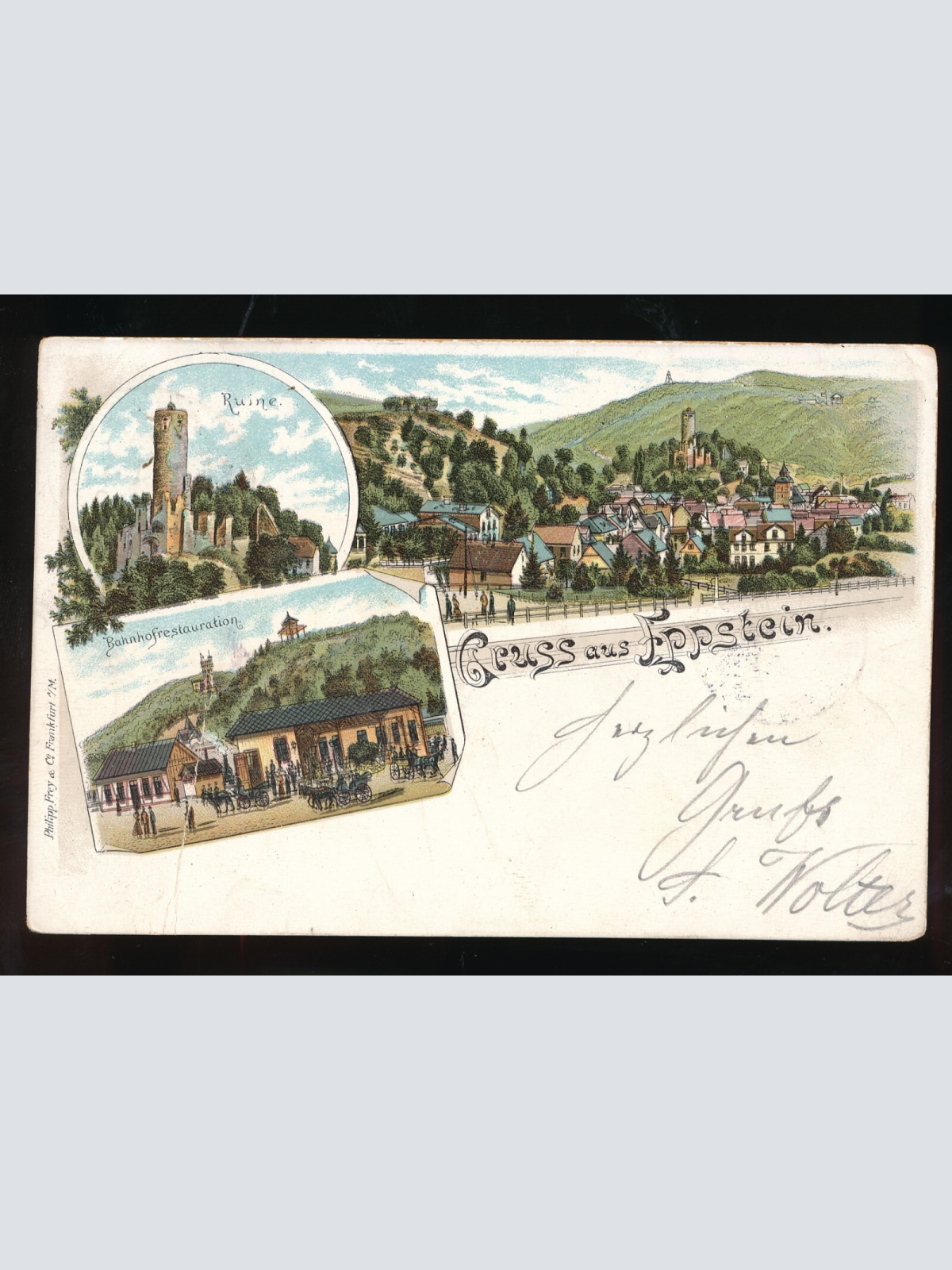 Litho-Karte gruss aus Eppstein Hessen mit Bahnhofrestauration (522)