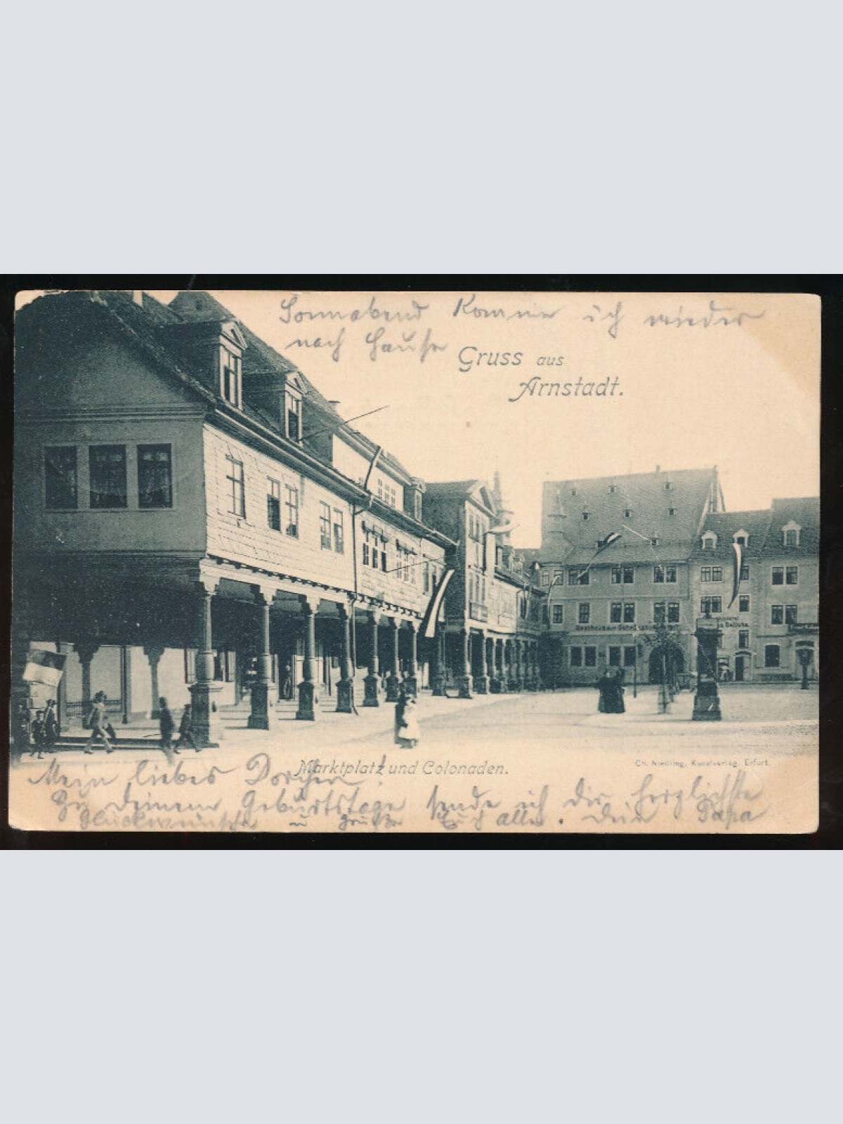 AK gruss aus Arnstadt Marktplatz und Colonladen Thüringen (879)