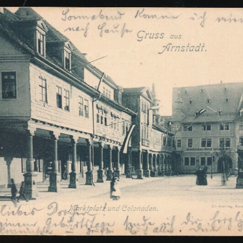 AK gruss aus Arnstadt Marktplatz und Colonladen Thüringen (879)