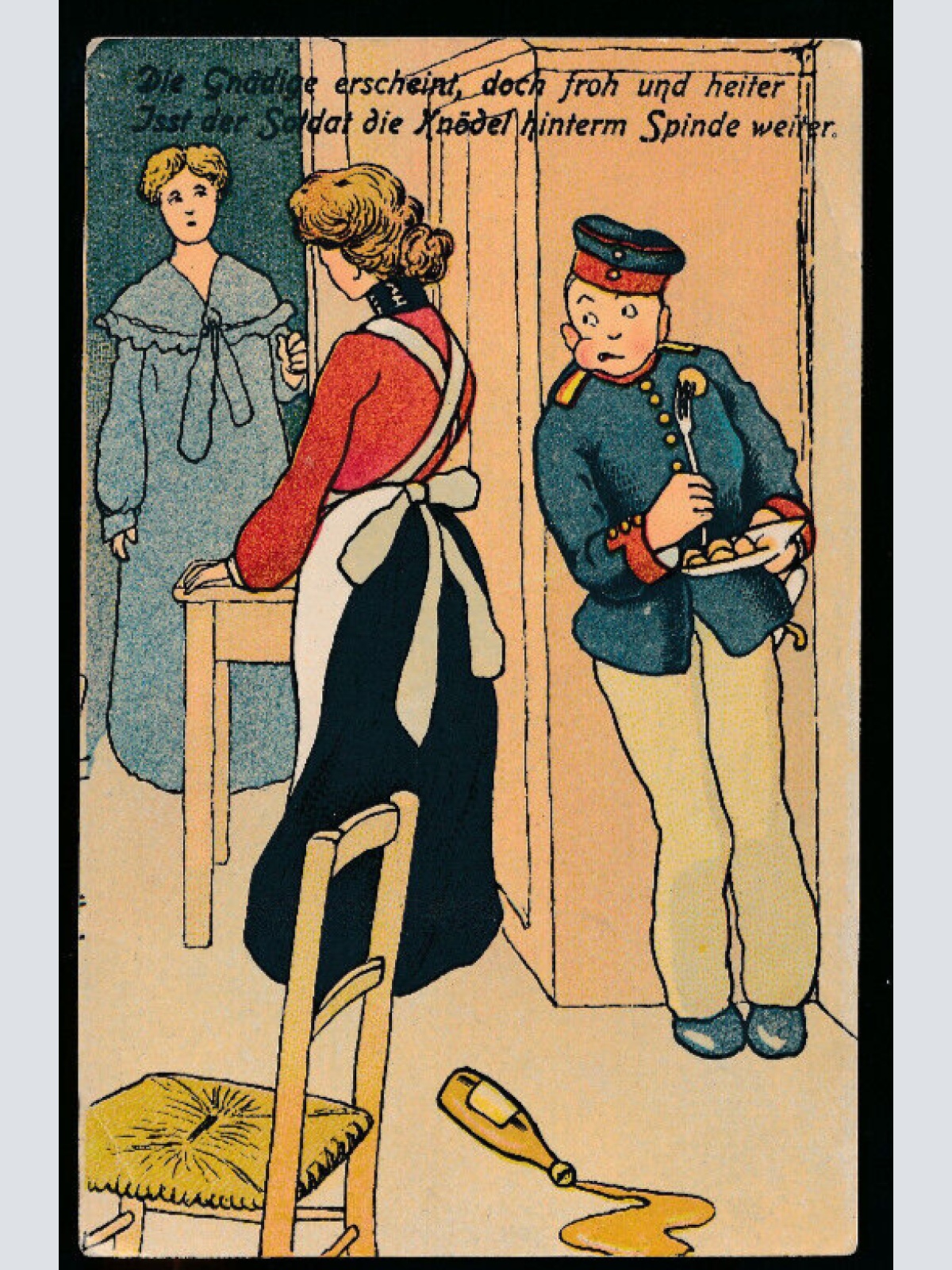 Karikatur-Karte von einem Soldaten mit Spruch Die Gnädige erscheint... (1095)