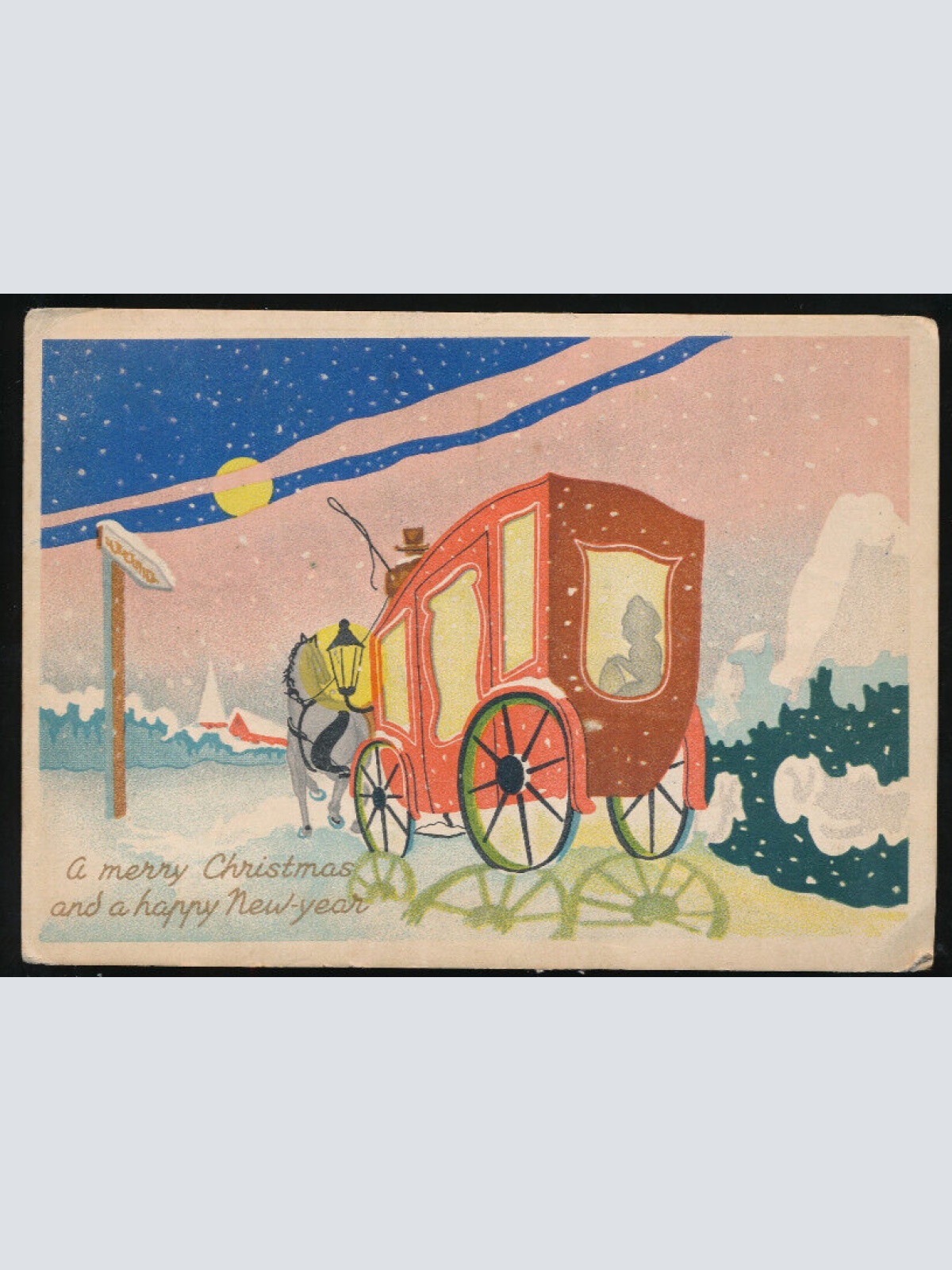 Glückwunsch-Karte a merry Christmas an a Happy new year mit Kutsche (1096)