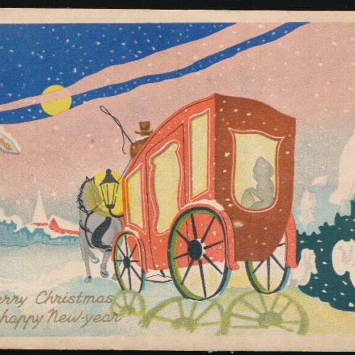 Glückwunsch-Karte a merry Christmas an a Happy new year mit Kutsche (1096)
