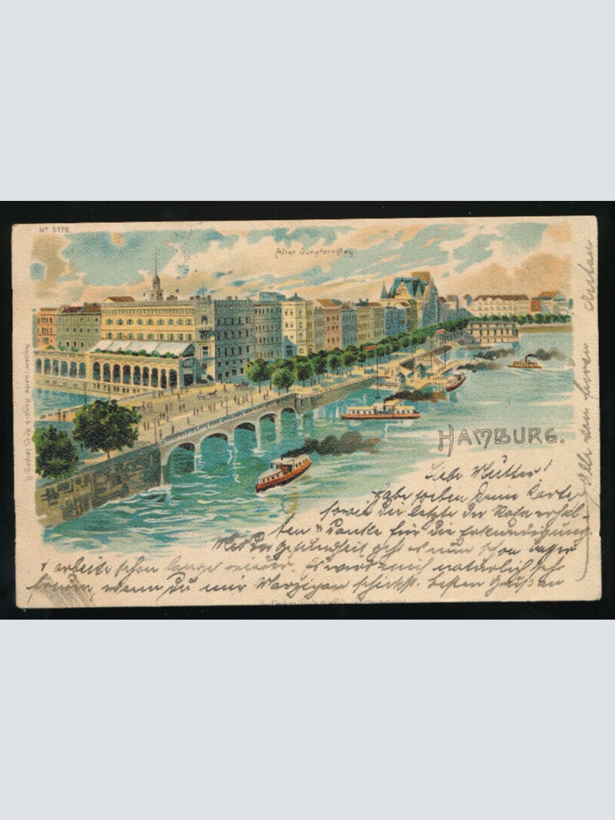 Litho-Karte aus Hamburg alter Jungfernsteg mit Dampfer (830)