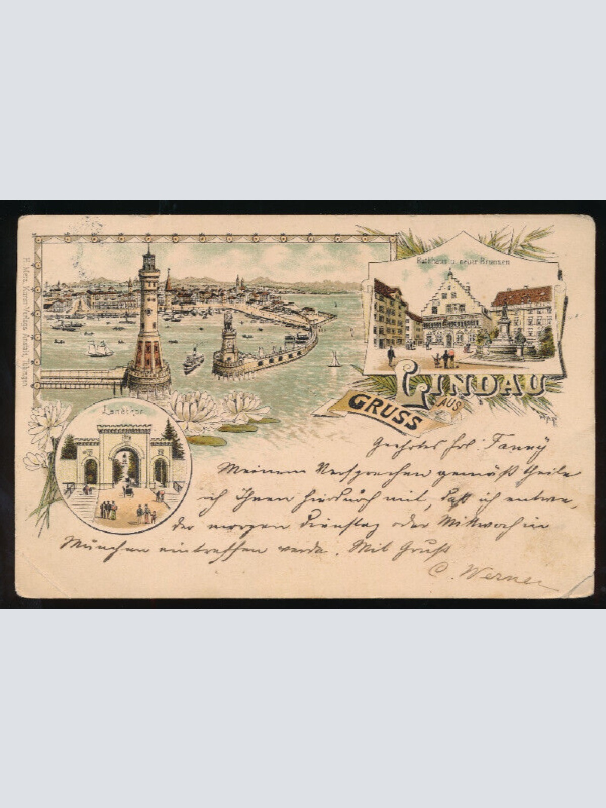 Litho-Karte gruss aus Lindau mit Hafen Bayern (831)