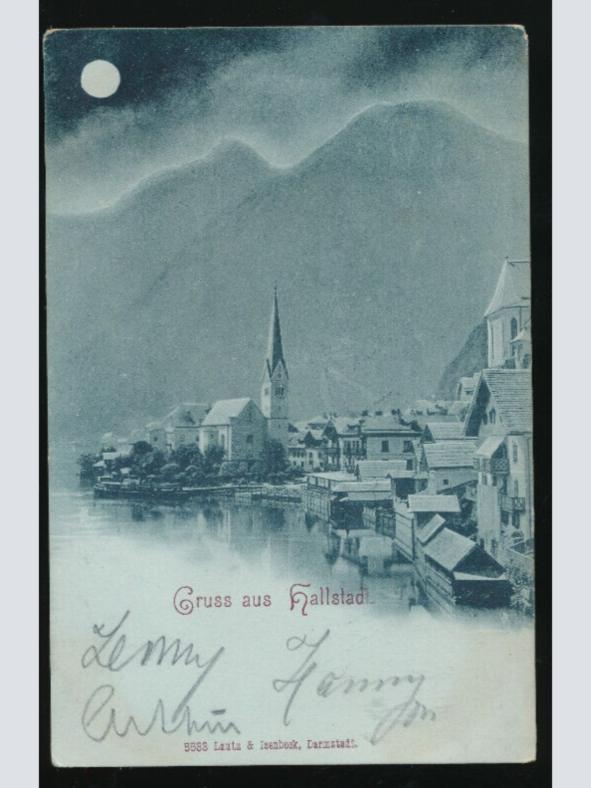 Mondschein-Karte gruss aus Hallstadt Oberösterreich (1948)