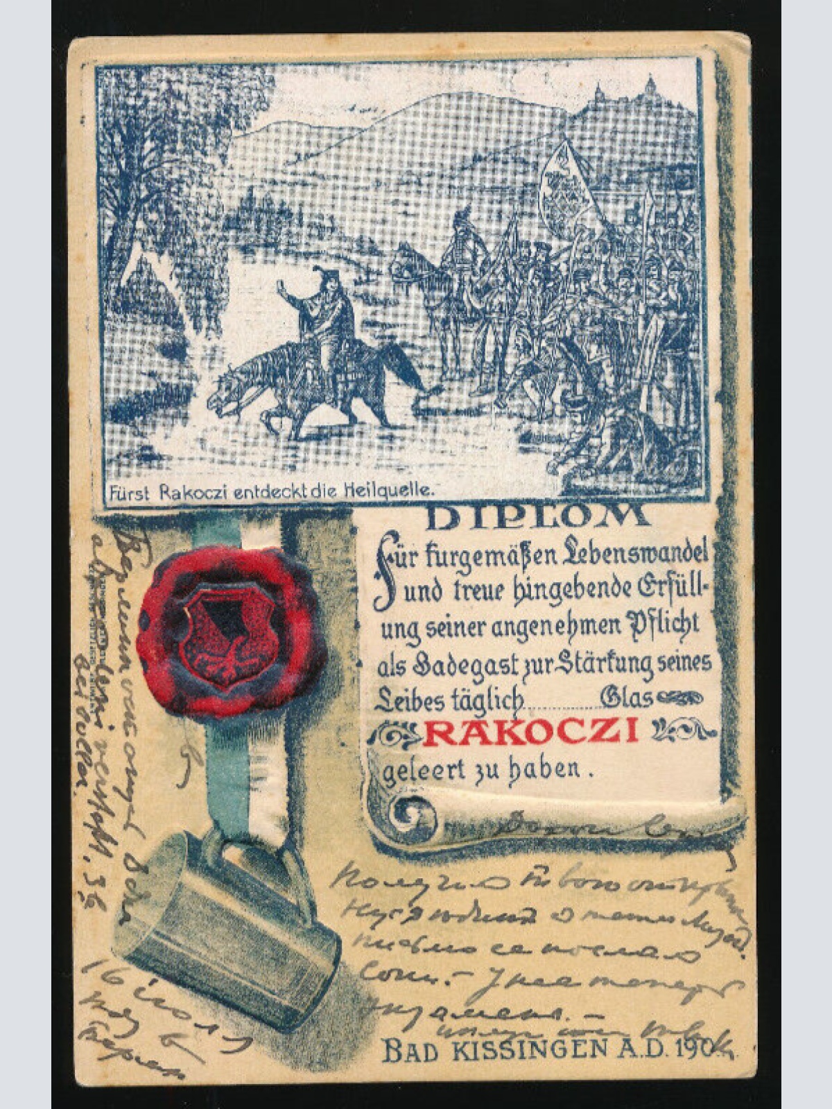 Prägekarte aus Bad Kissingen Fürst Rakoczi endeckt die Heilquelle Bayern (1820)