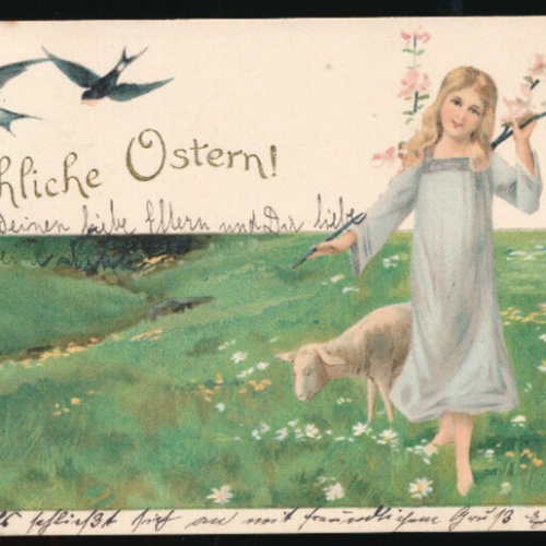 Kunst-Karte Fröhliche Ostern Frau mit Schafen und Schwalben  (2099)