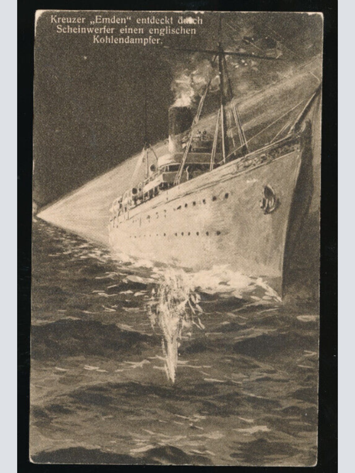 AK Kreuzer Emden endeckt mit Scheinwerfer Englischen Kohledampfer (1876)