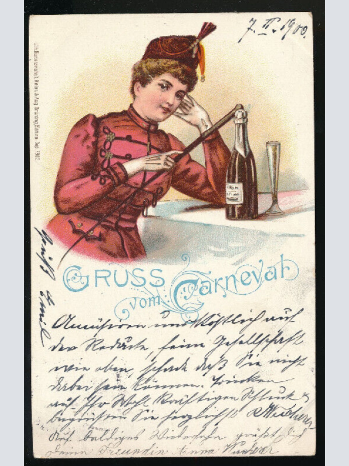 Litho-Karte gruss vom Carneval Frau mit Champagner Flasche (1917)