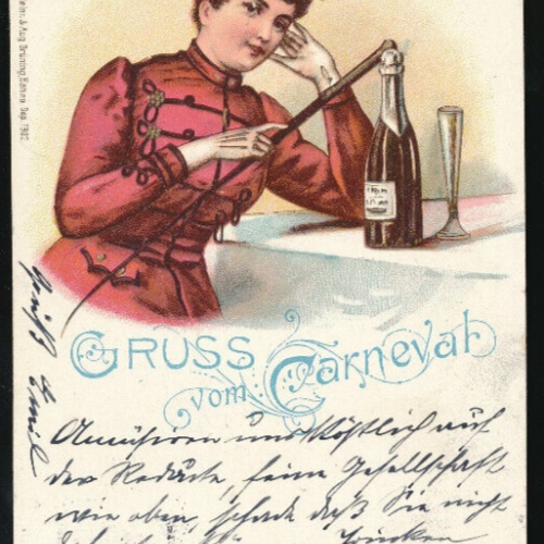 Litho-Karte gruss vom Carneval Frau mit Champagner Flasche (1917)