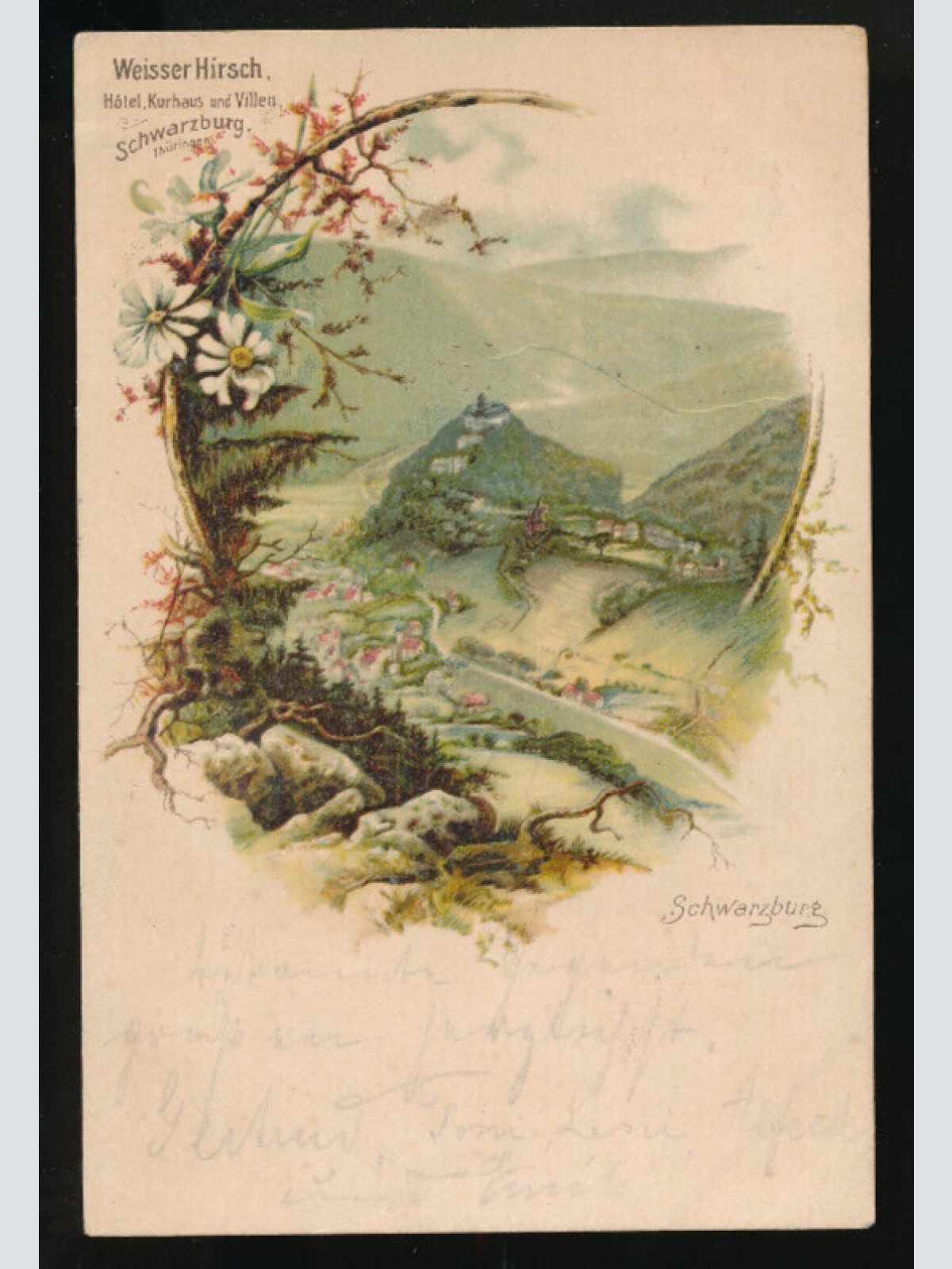 AK aus Schwarzburg mit Weisser Hirsch Hotel und Kurhaus Thüringen (1864)