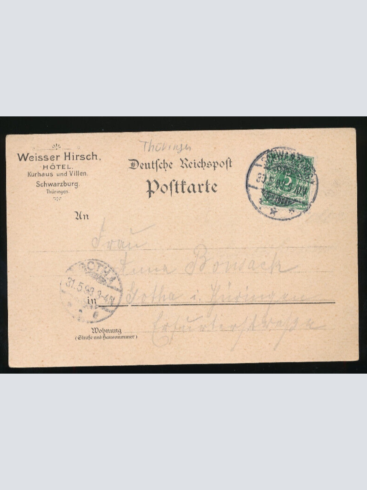 AK aus Schwarzburg mit Weisser Hirsch Hotel und Kurhaus Thüringen (1864)