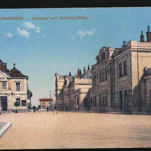 AK gruß aus Amstetten Bahnhof mit Bahnhof Hotel Niedrösterreich (2313)