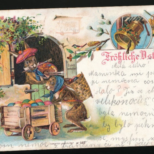 Litho-Karte Fröhliche Ostern Osterhasen mit Ostereiern (2100)