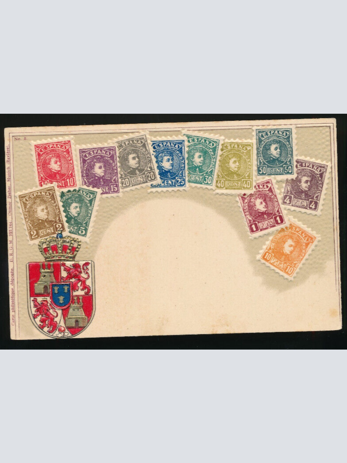 Präge-Litho-Karte Spanien mit Wappen und Marken (2750)