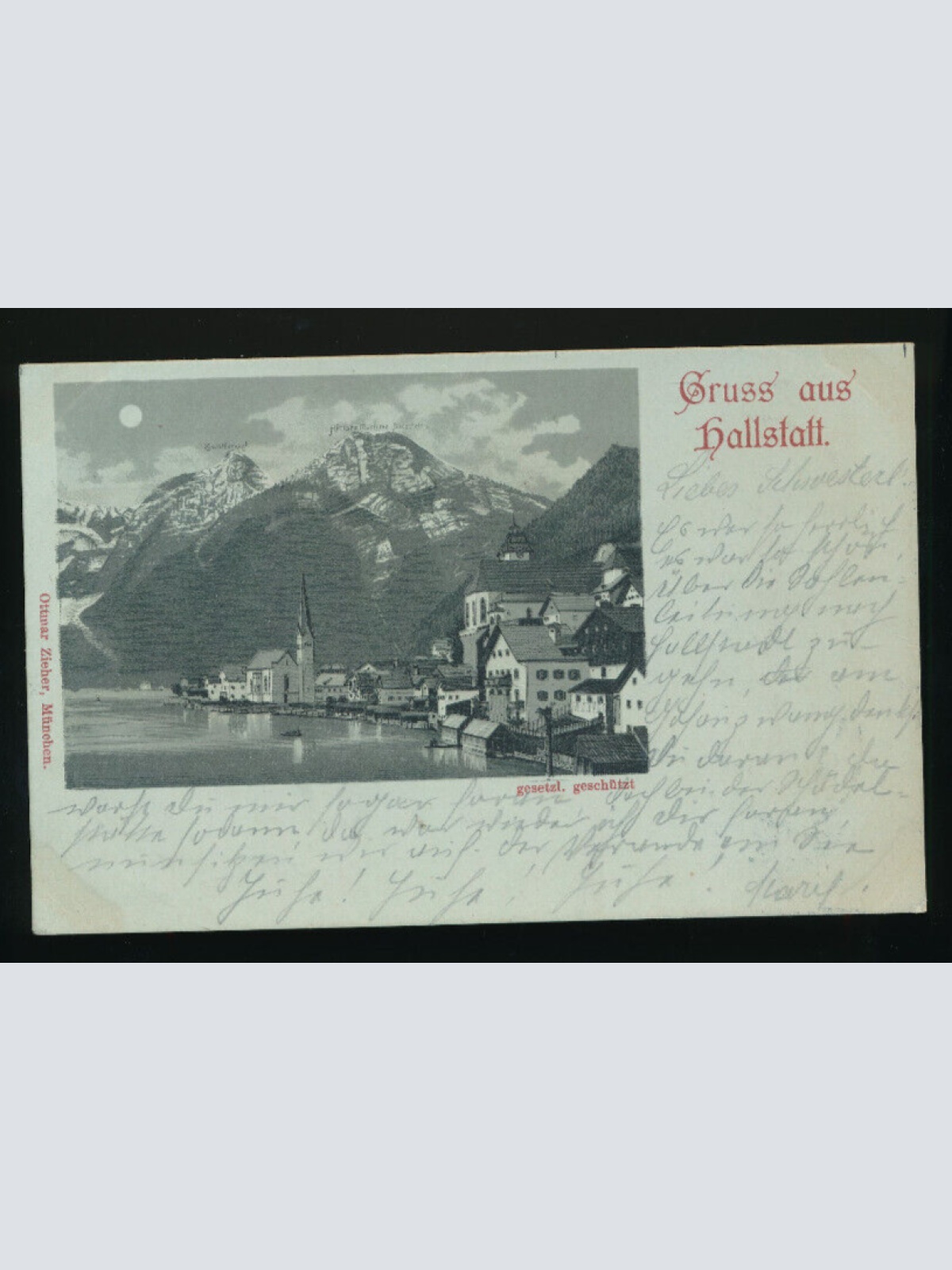 Mondschein - Litho Karte gruss aus Hallstatt Oberösterreich (2657)