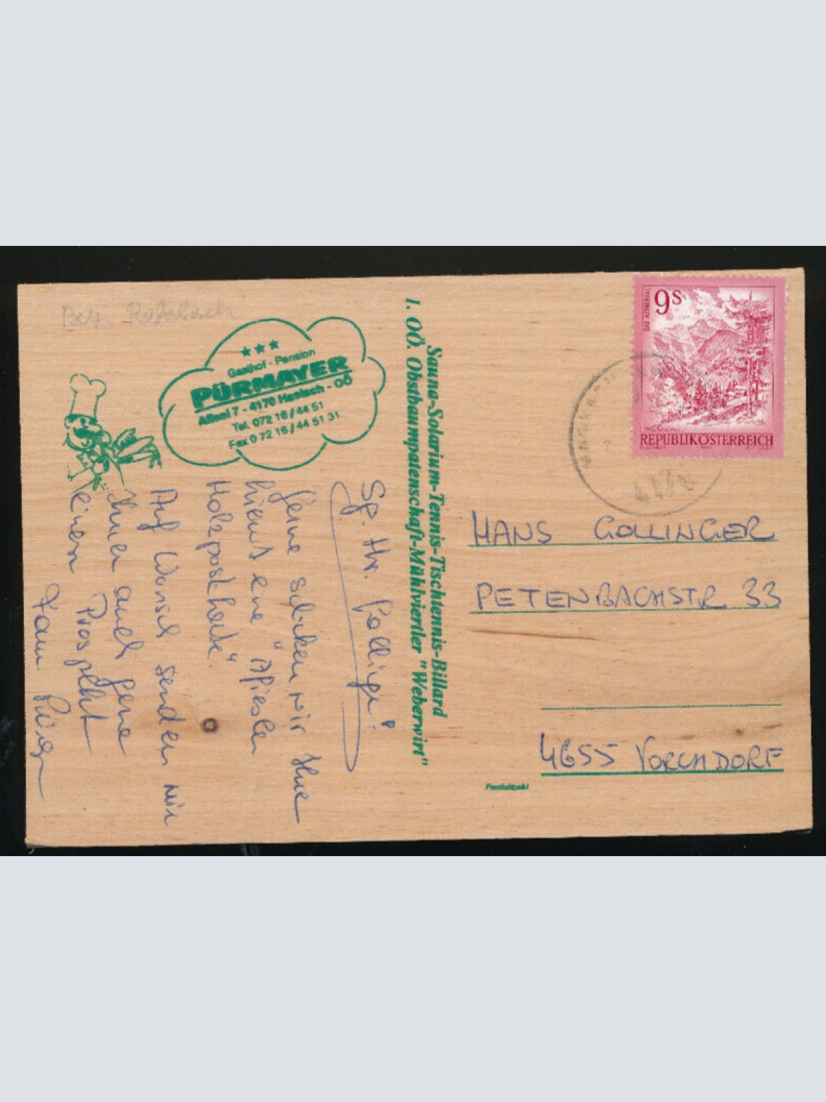 Holzkarte aus Haslach vom Gasthof Pürmayer Bergergut Oberösterreich (3572)