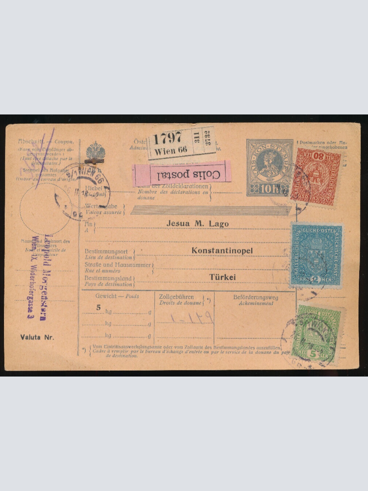 10 Heller Postbegleitadresse 1918 aus Wien nach Konstabtinopel Türkei (3539)