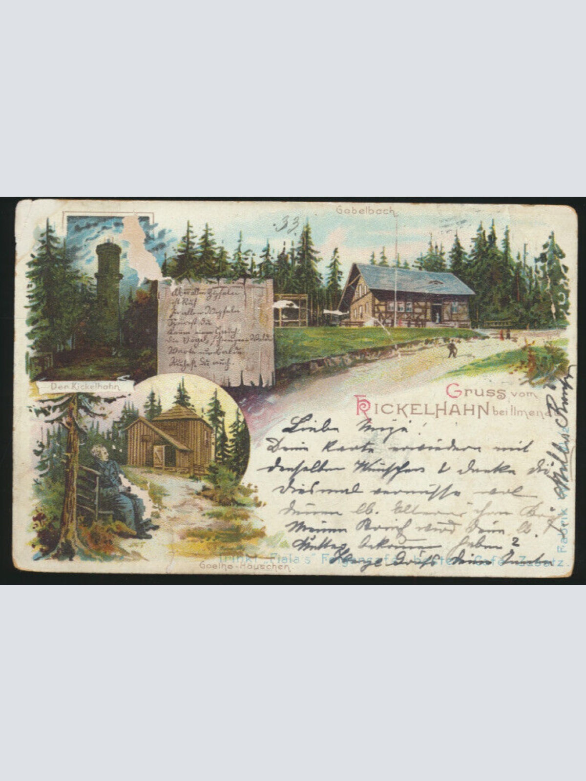 Litho-Karte gruss vom Rickelhahn bei Ilmenau Thüringen (3746)