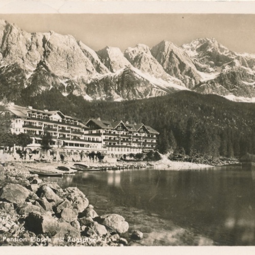 AK, Hotel und Pension Eibsee mit Zugspitze, Grainau, Bayern, Deutschland (S433)