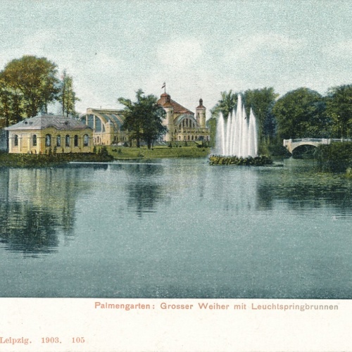 AK Leipzig, Sachsen, Palmengarten, Großer Weiher mit Leuchtspringbrunnen  (S455)