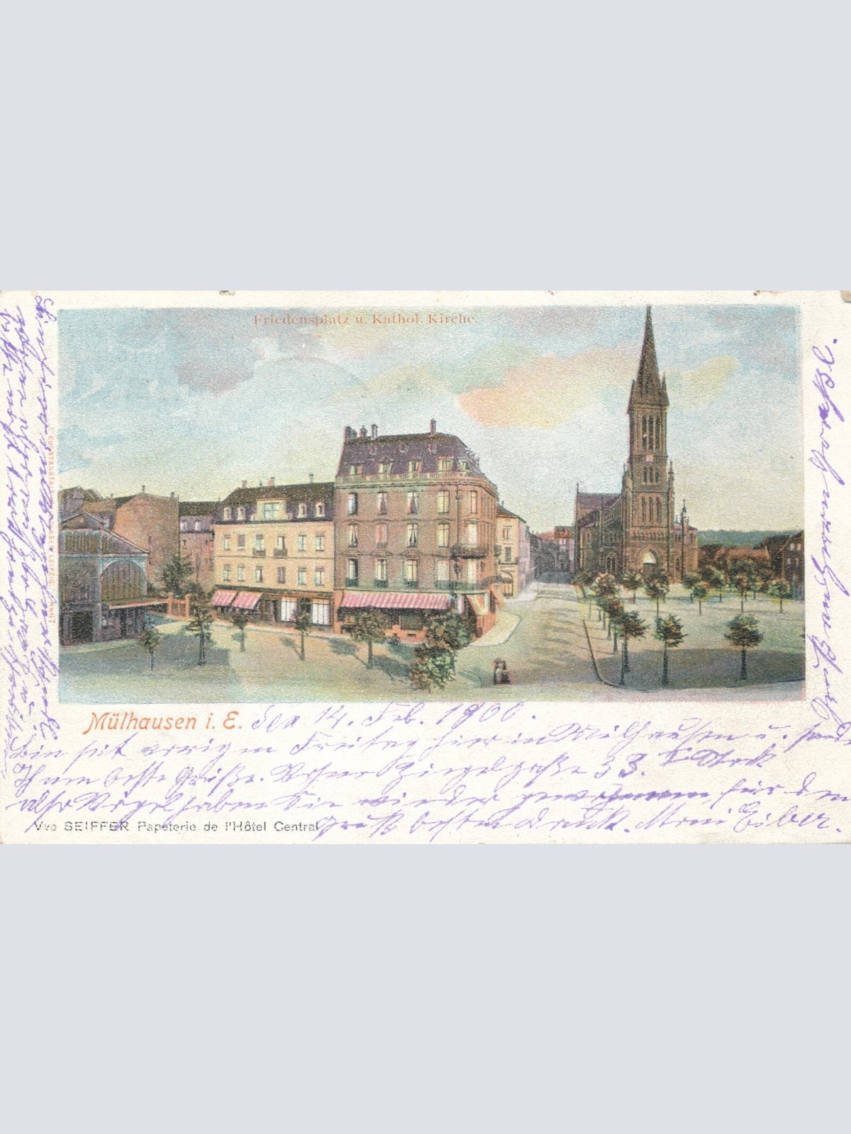 AK, Mühlhausen im Elsass, Frankreich, Friedensplatz u. Kathol. Kirche (S491)