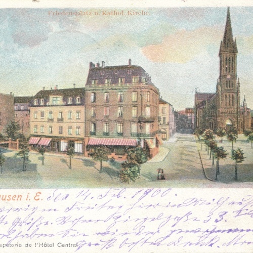 AK, Mühlhausen im Elsass, Frankreich, Friedensplatz u. Kathol. Kirche (S491)