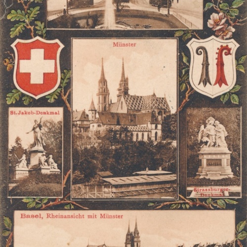 AK, Basel, Rheinansicht mit Münster, Schweiz, St. Jakob Denkmal (S497)