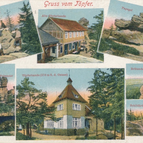 AK, Gruß vom Töpfer, Felsentor, Wackelstein, Töpferbaude (S1005)