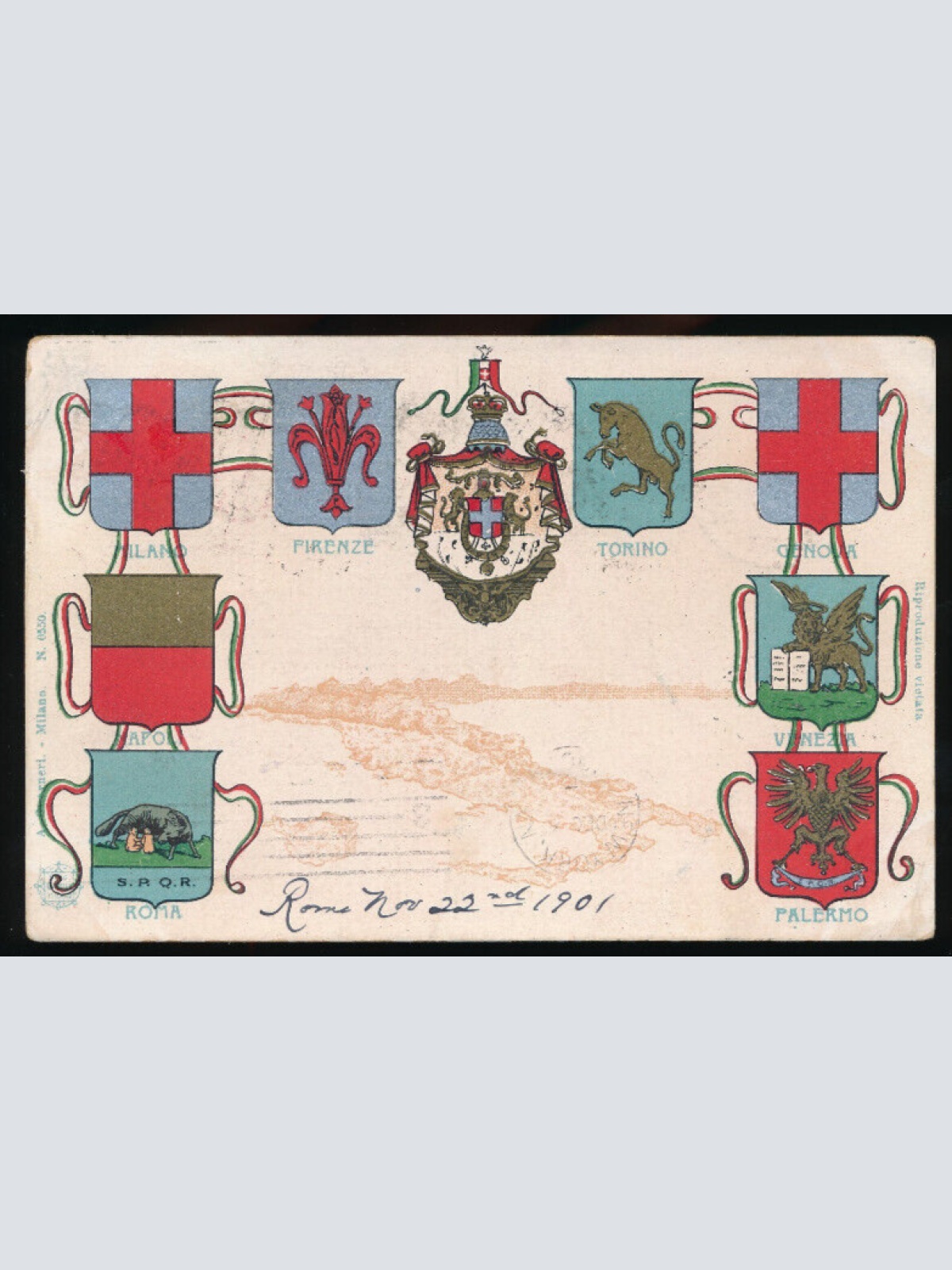 Litho - Karte aus Italien mit verschiedenen Städte Wappen wie Parlermo Rom(4884)