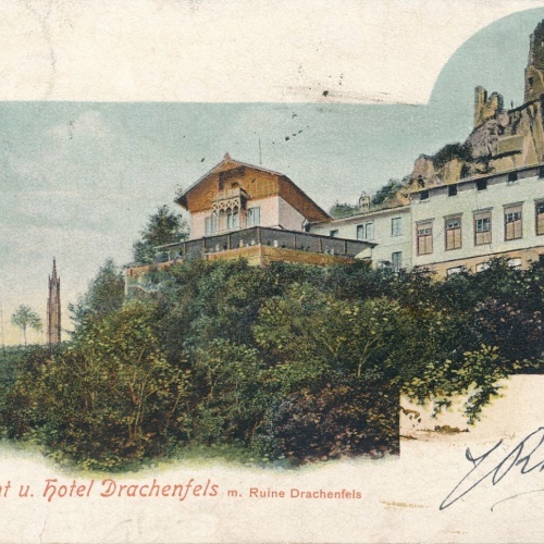 AK, Restaurant und Hotel Drachenfels mit Ruine Drachenfels (S1010)