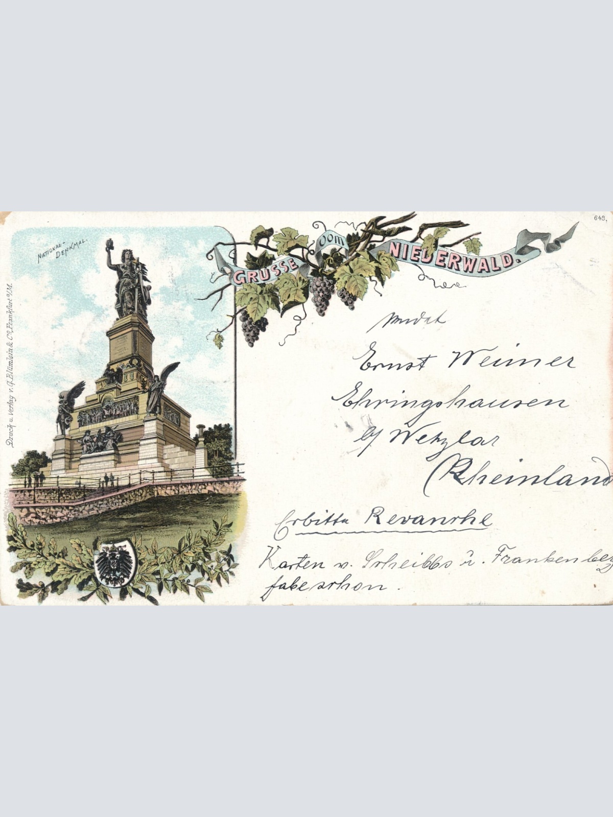 AK, Grüße vom Niederwald, Nationaldenkmal (S721)