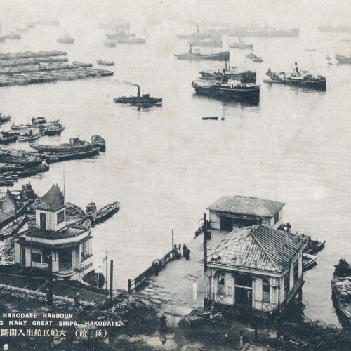 AK, bird's eye views of Hakodate harbour gathering many ships, Japan (S1047)