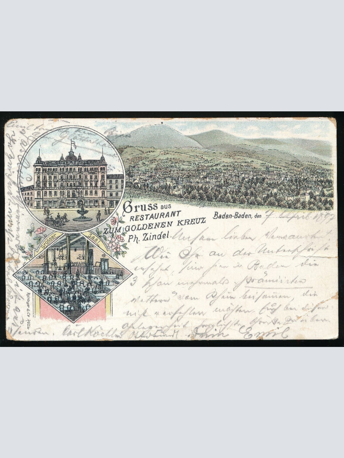 Litho-Karte aus Baden Baden gruss aus Restaurant zum Goldenen Kreuz (4607)