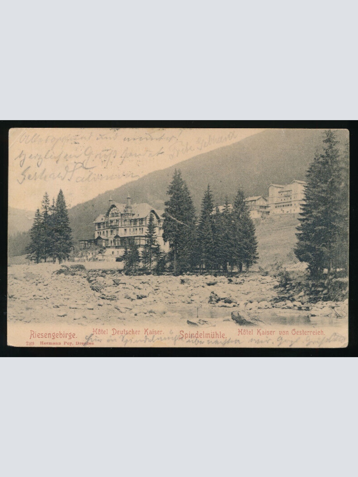 AK aus dem Riesengebirge mit Hotel Deutscher Kaiser Tschechoslowakei (5407)