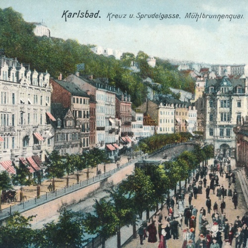 AK, Karlsbad, Kreuz u. Sprudelgasse, Mühlbrunnenquai (S1173)