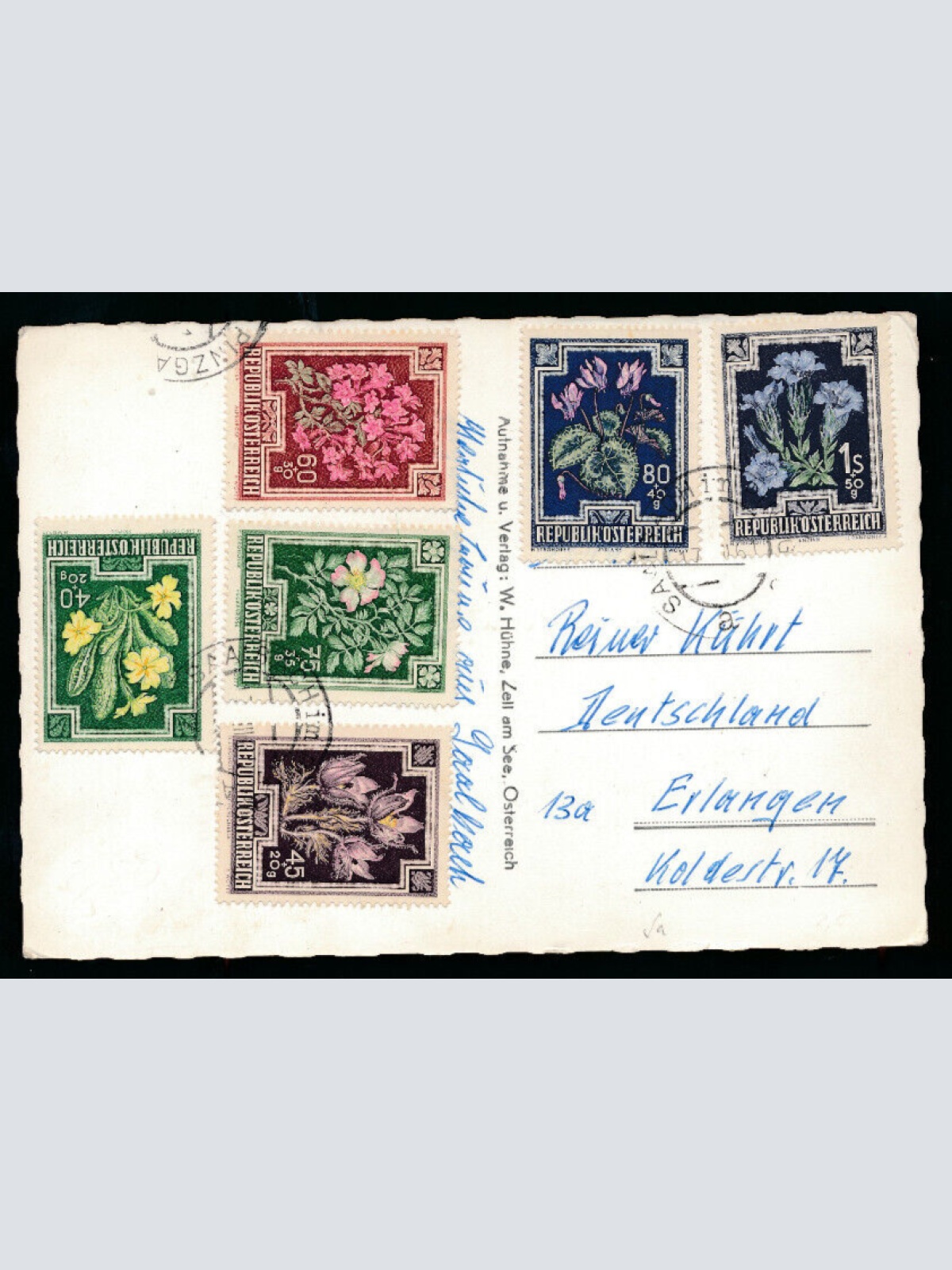 Karte 1961 aus Saalbach nach Erlangen mit 6 Blumenmarken (5379)