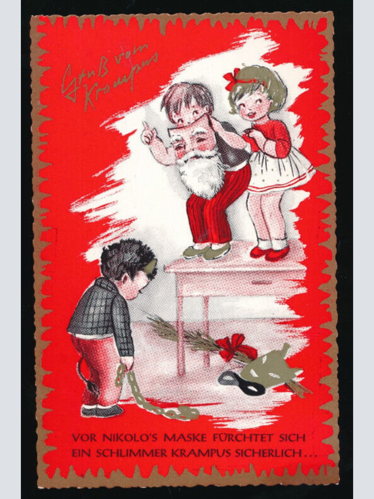 AK Gruß vom Krampus vor Nikolos Maske fürchtet sich (5671)