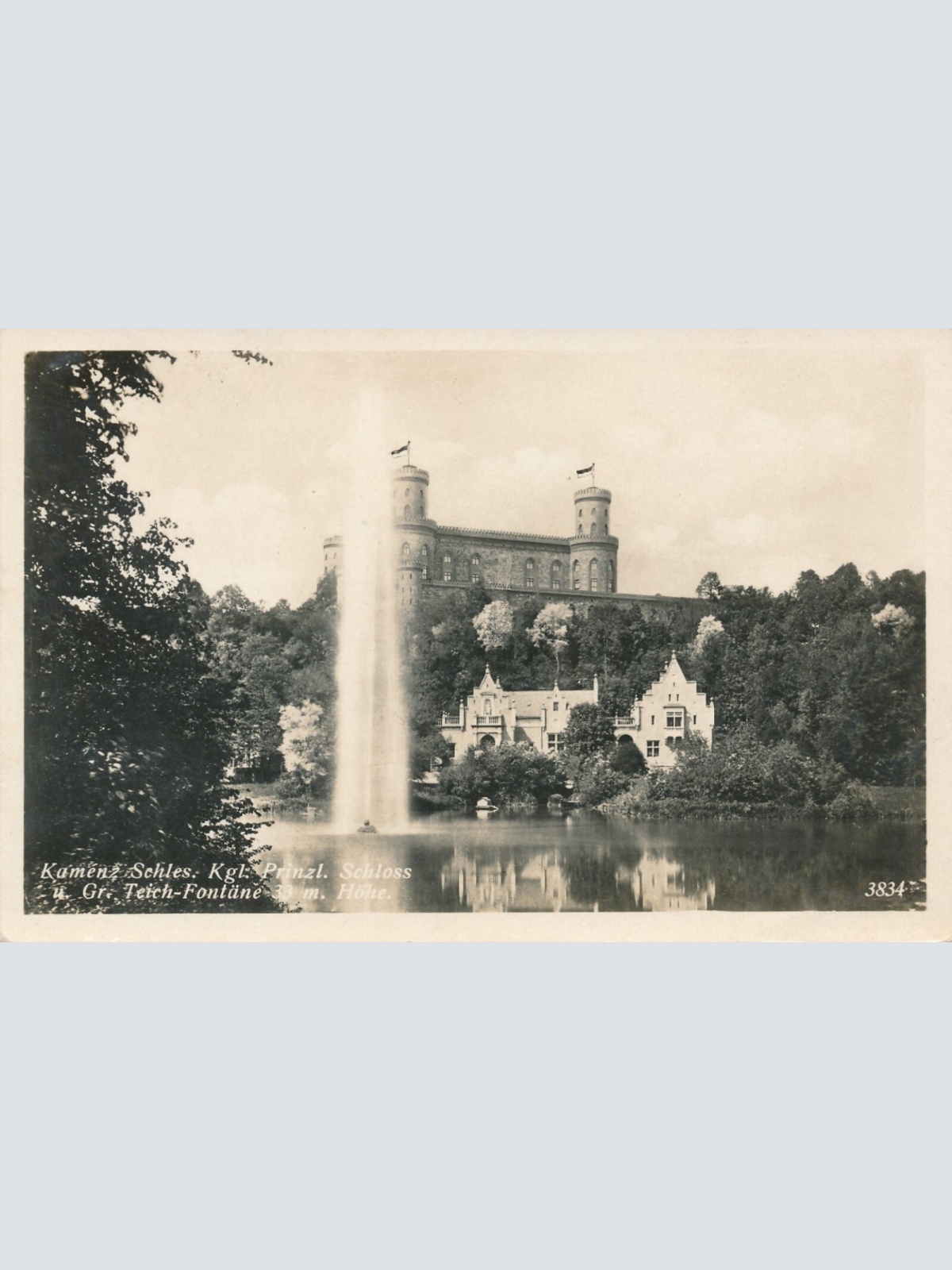 AK, Kamenz Schles. Klg. Prinzl. Schloss u. Gr. Teich-Fontäne, Polen (S1317)