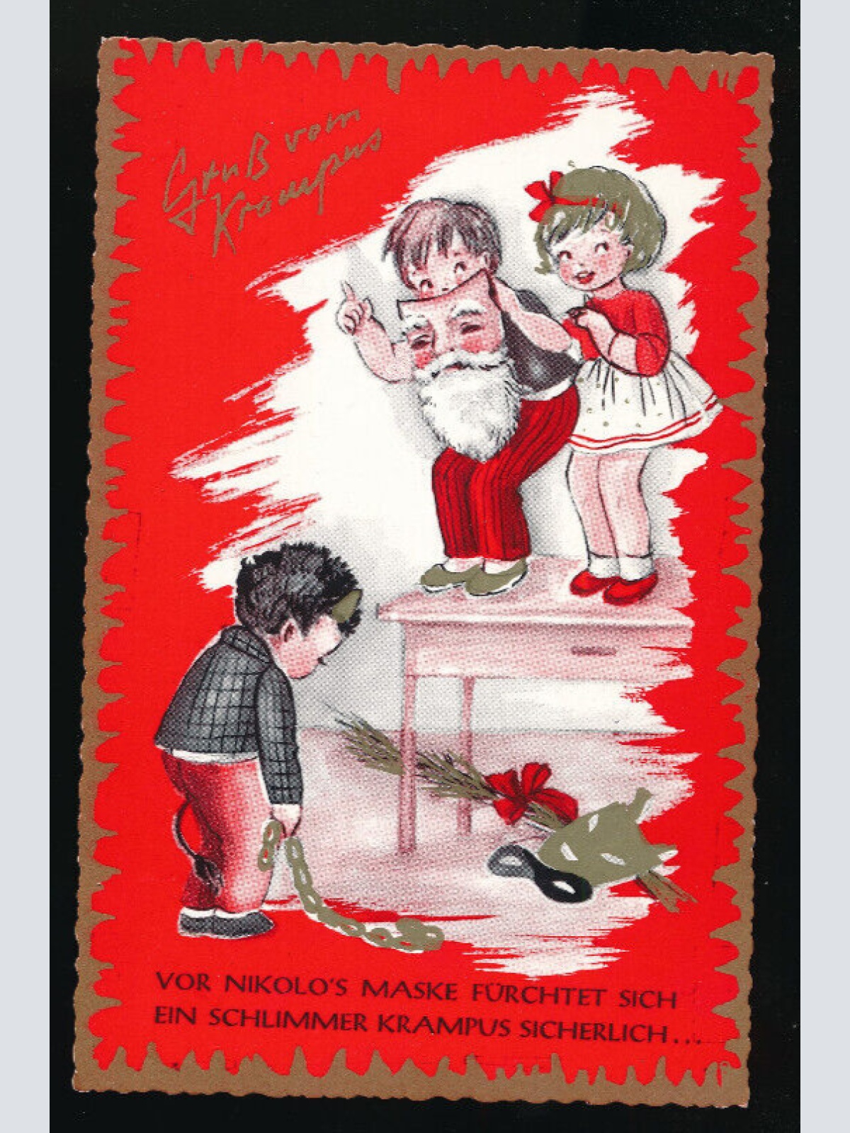 AK gruss vom Krampus vor Nikolos Maske fürchtet sich (5572)