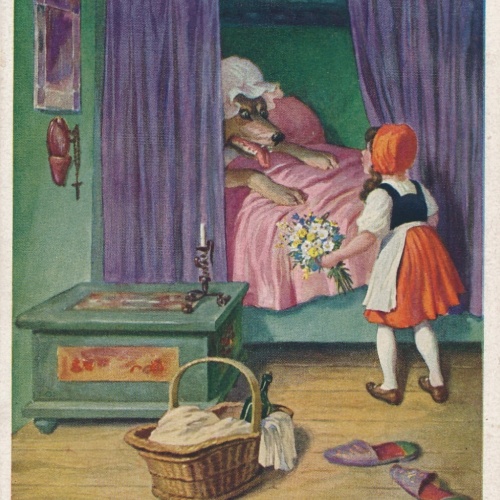 AK, Brüder Grimm, Rotkäppchen neben verkleideten Wolf im Bett (S1644)