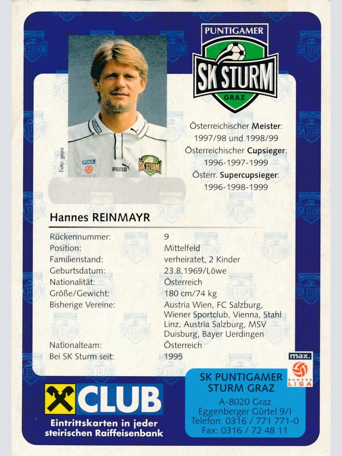 AK, Autogramm-Karte, Hannes Reinmayr, SK Sturm (S1626)