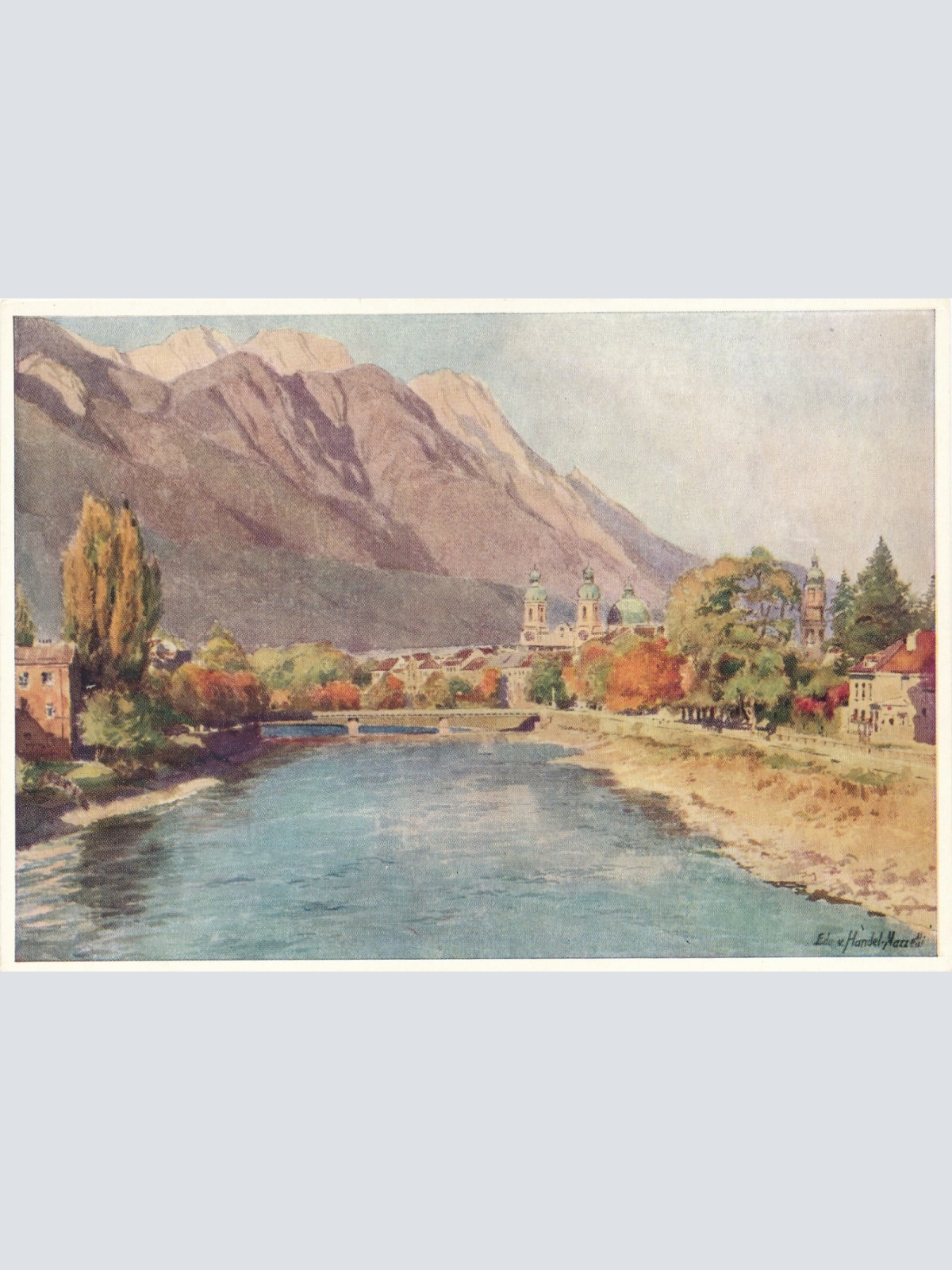 Künstlerserie Innsbruck, Nr. 8, Inn mit Pfarrkirche und Bettelwurf Tirol (S1557)