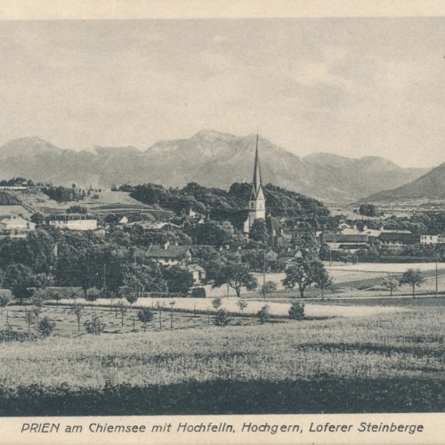 AK Prien am Chiemsee mit Hochfelln, Hochgern, Loferer Steinberge, Bayern (S1540)