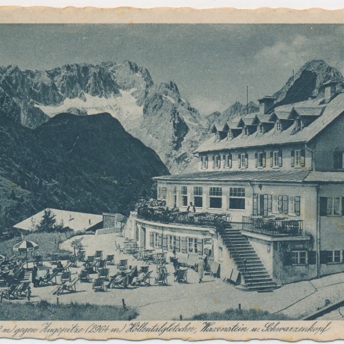 AK, Kreuzeckhaus gegen Zugspitze Höllentalgletscher, Bayern (S1823)