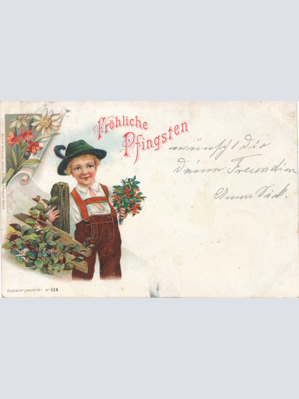 Glückwunsch - Litho - Karte Fröhliche Pfingsten Junge mit Tracht (6280)