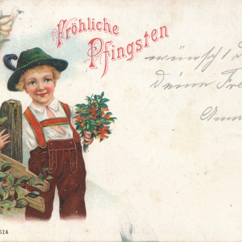 Glückwunsch - Litho - Karte Fröhliche Pfingsten Junge mit Tracht (6280)