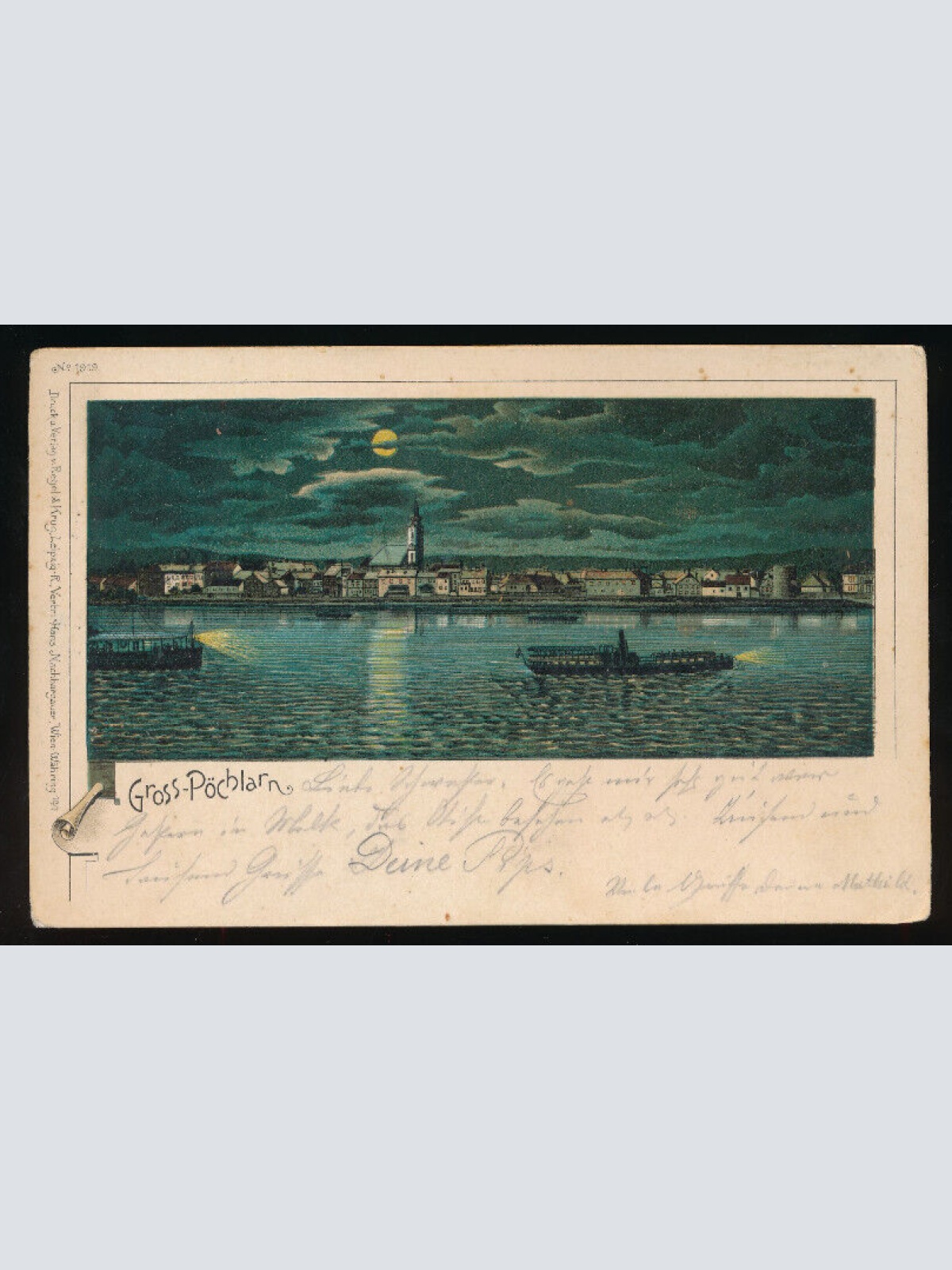 Litho - Karte - Mondschein - Karte gruss aus Pöchlarn Niederösterreich (5974)