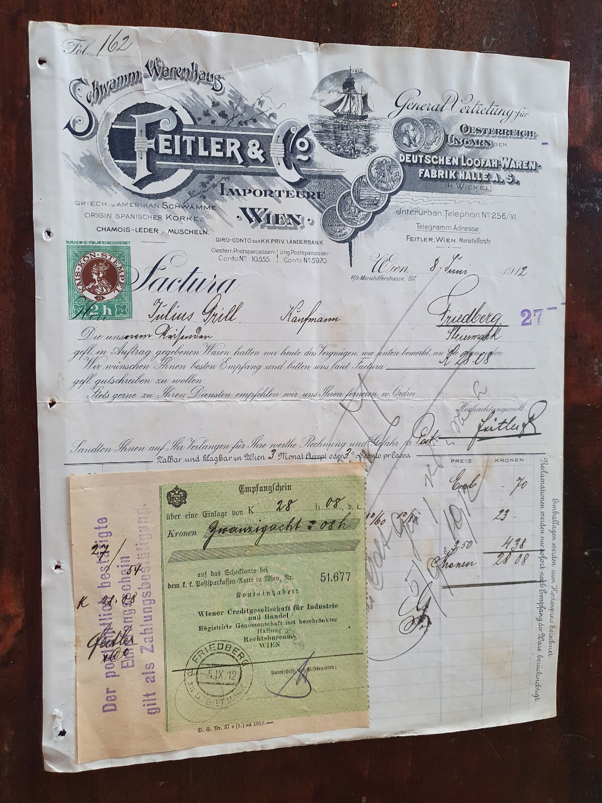 Alte Rehnung 1912 aus Wien Loofah Waren Fabrik Halle Feitler und Co (X8)